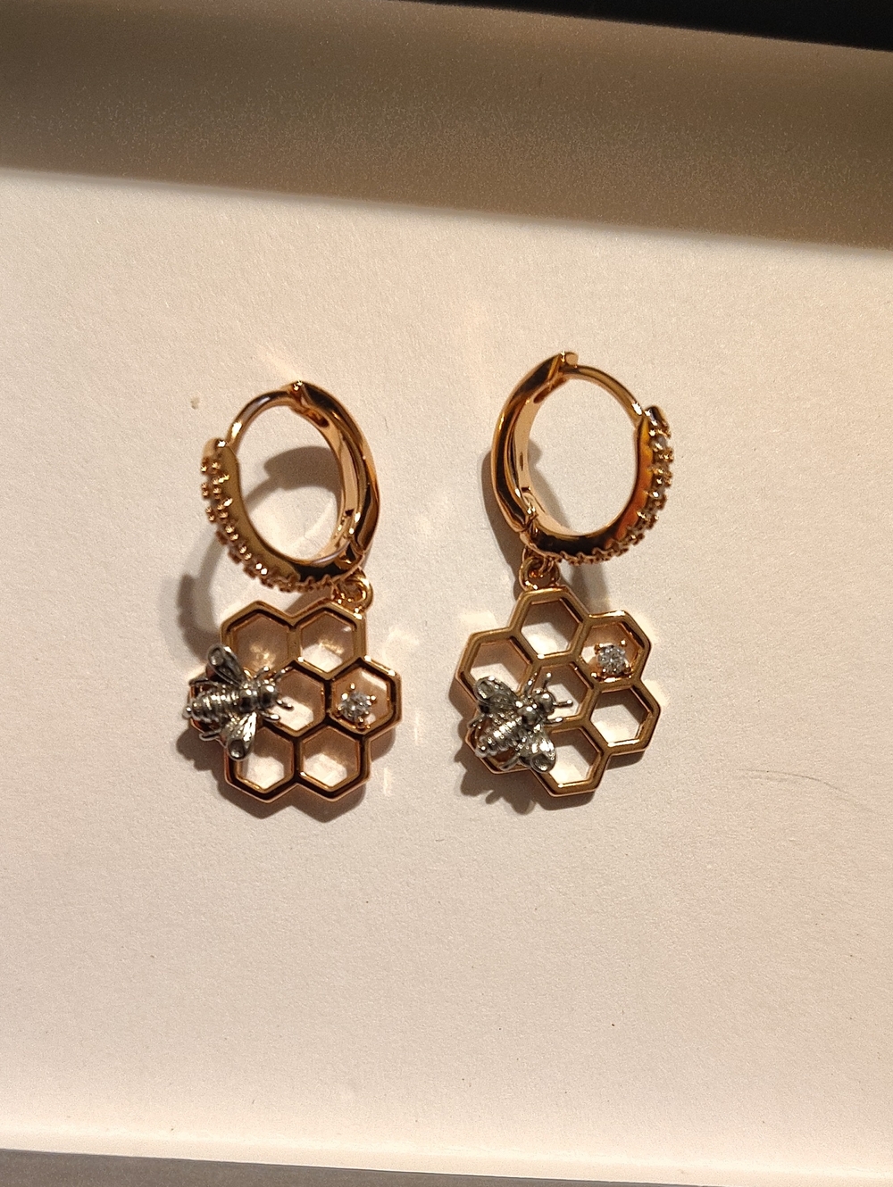 Rose Gold Plated & Cubic Zirconia Honeycomb Bee Drop Hoop Earrings